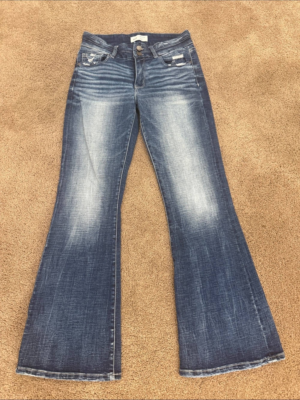 BKE Payton Women's Dark Blue Flare Jeans with Distressed Accents